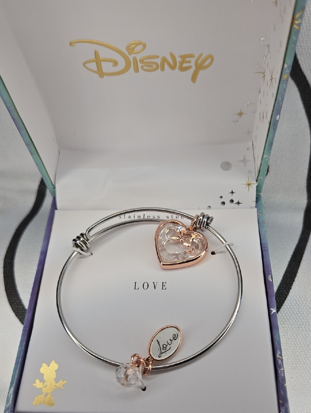 Stainless Steel Heart Charm Bangle Bracelet - Silver with Rose Gold Heart